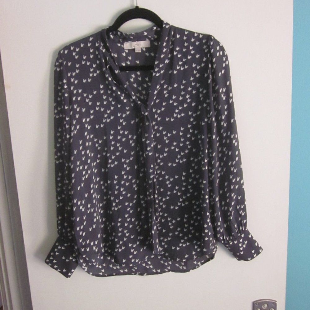 Loft Blue Gray Chicken Print Chiffon Blouse Marked XS Fits Like S Career Top